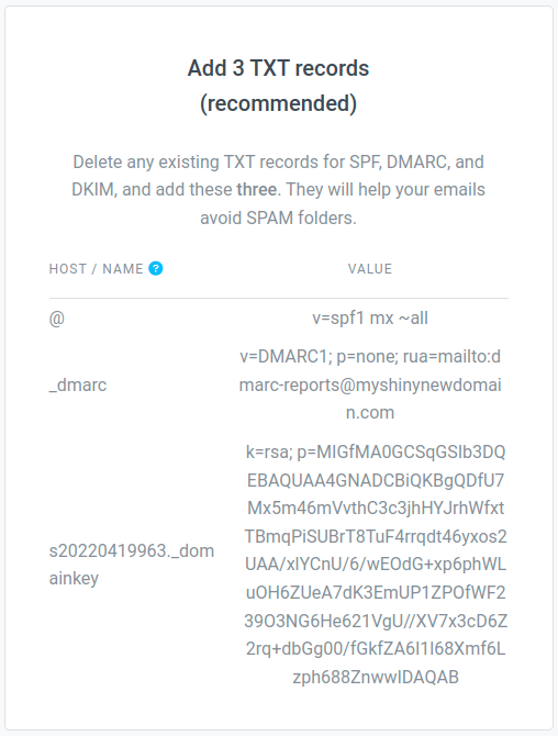 Example of postale.io's recommendation for TXT records