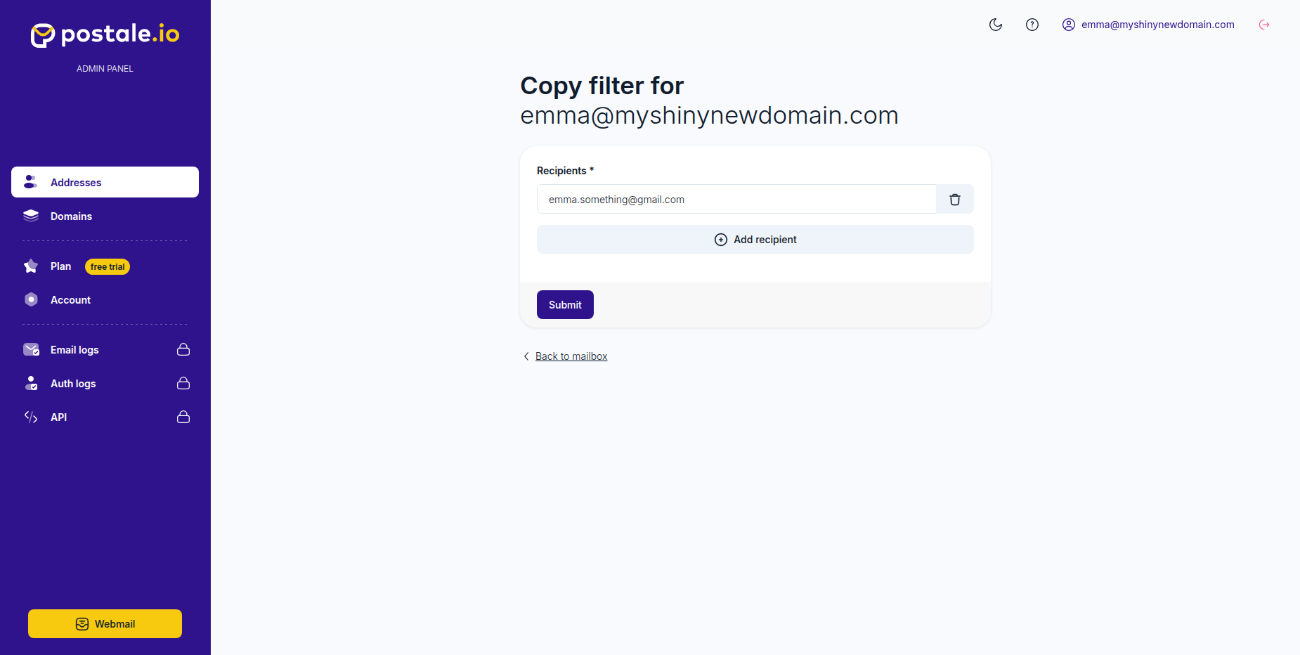 Fill in your Gmail address as recipient and submit.