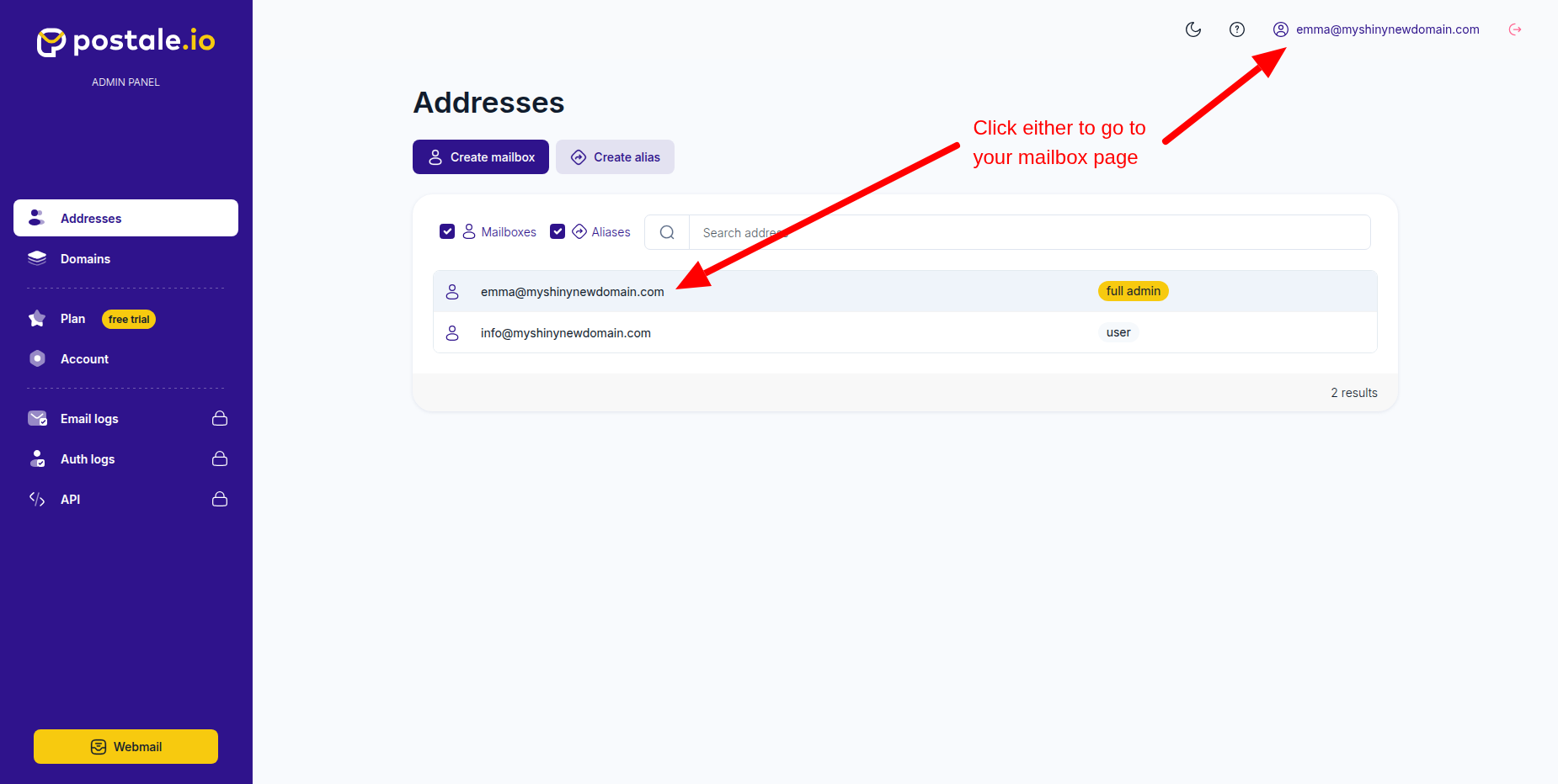 Click on the top right or in the mailbox list to open your mailbox page.