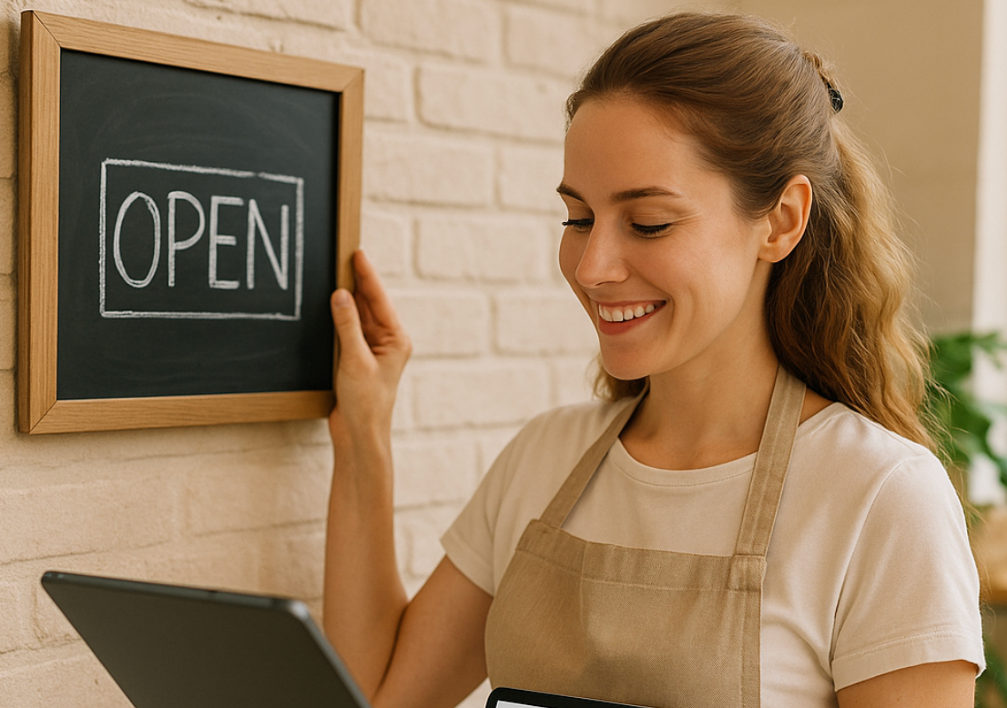 A smiling shop owner in a beige apron adjusts an OPEN sign on a light brick wall inside a shop while reviewing her business emails.